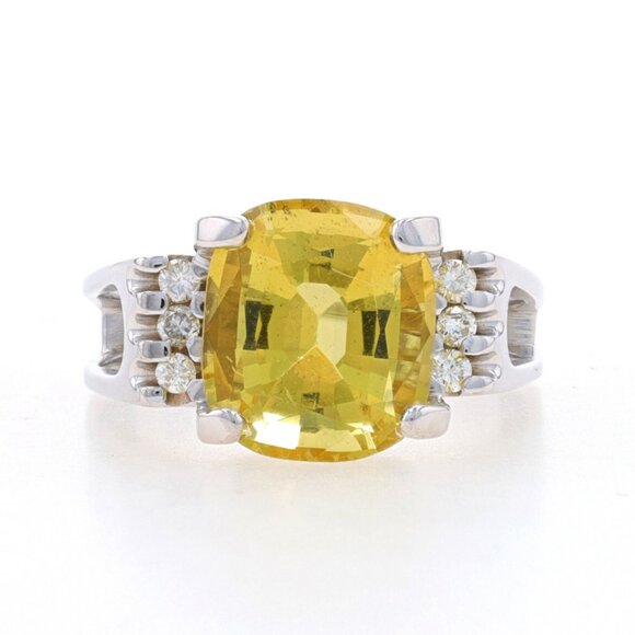 White Gold Heliodor/Yellow Beryl & Diamond Ring 14k Cushion 4.53ctw Euro Shank